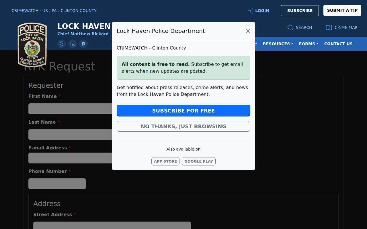 Lock Haven Police online Right-to-Know request form
