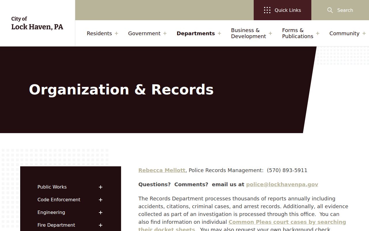 Lock Haven Police records information page